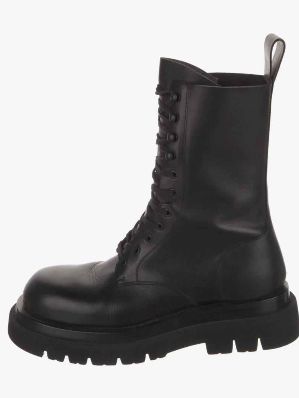 BOTTEGA VENETA Lug Sole Leather Combat Boots | Lace Up, All Black | Bare Worn